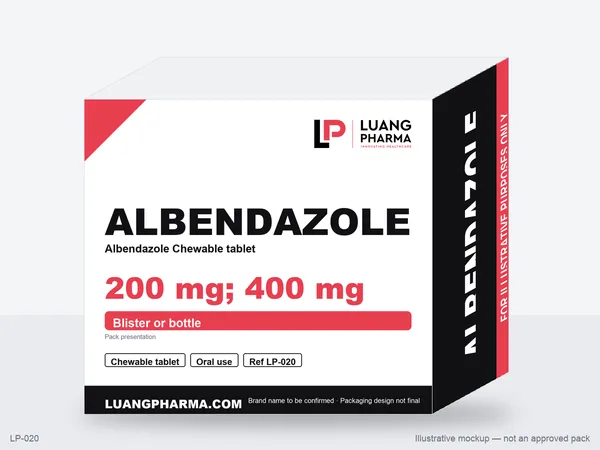 Illustrative packaging mockup for Albendazole Chewable tablet