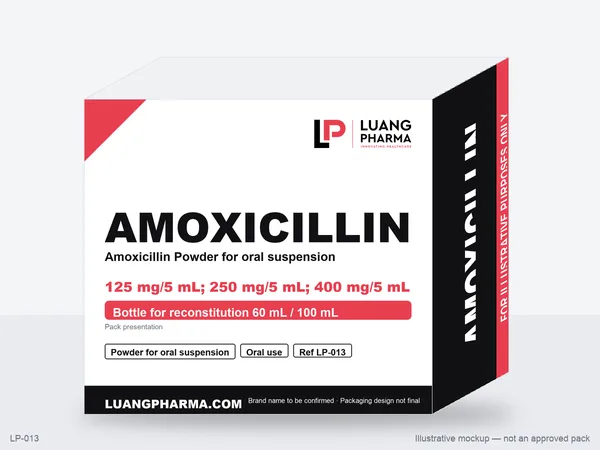 Illustrative packaging mockup for Amoxicillin Powder for oral suspension