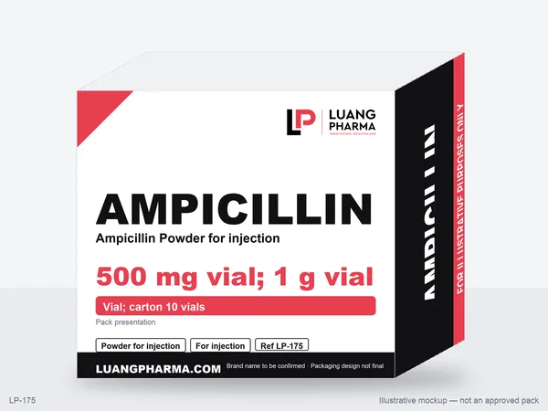 Illustrative packaging mockup for Ampicillin Powder for injection