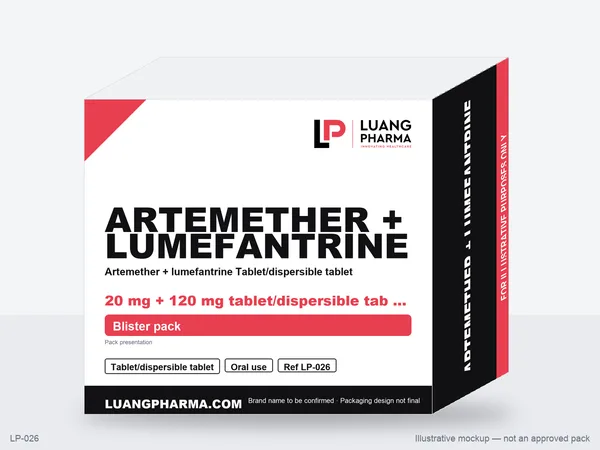 Illustrative packaging mockup for Artemether + lumefantrine Tablet/dispersible tablet