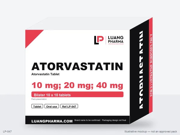 Illustrative packaging mockup for Atorvastatin Tablets