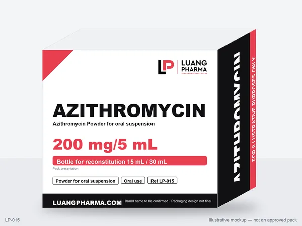 Illustrative packaging mockup for Azithromycin Powder for oral suspension