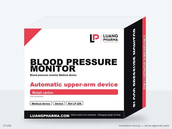 Illustrative packaging mockup for Blood pressure monitor Medical device