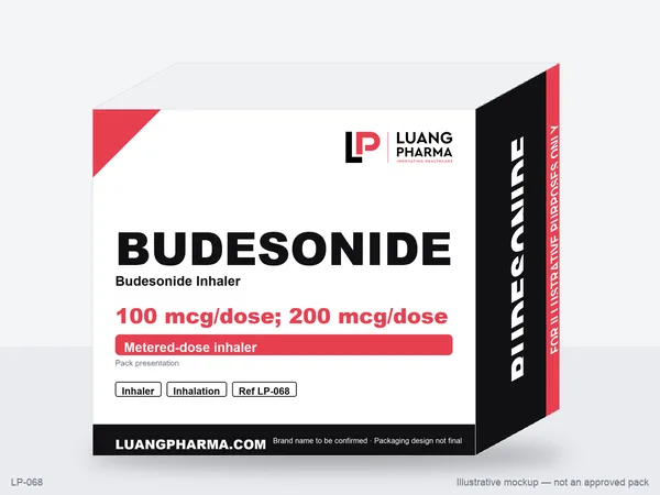 Illustrative packaging mockup for Budesonide Inhaler