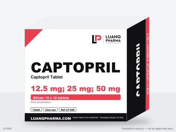 Illustrative packaging mockup for Captopril Tablets