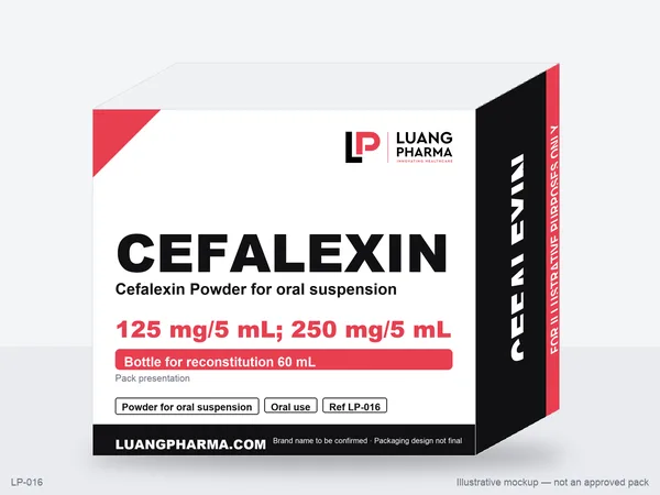 Illustrative packaging mockup for Cefalexin Powder for oral suspension