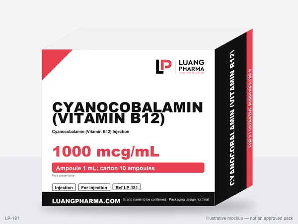 Illustrative packaging mockup for Cyanocobalamin (Vitamin B12) Injection