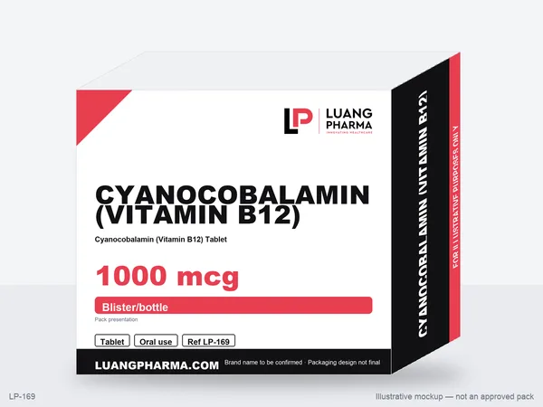 Illustrative packaging mockup for Cyanocobalamin (Vitamin B12) Tablets