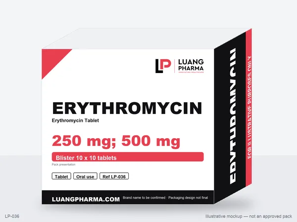 Illustrative packaging mockup for Erythromycin Tablets