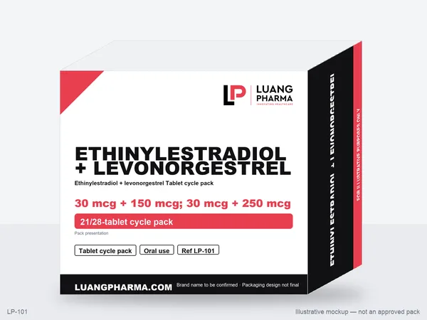 Illustrative packaging mockup for Ethinylestradiol + levonorgestrel Tablet cycle pack
