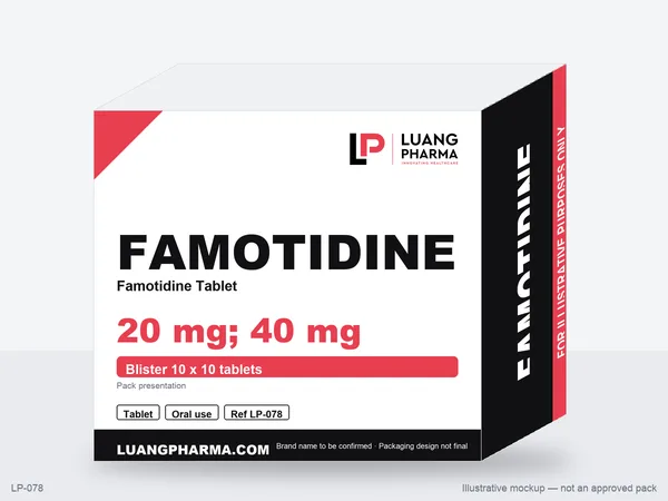 Illustrative packaging mockup for Famotidine Tablets