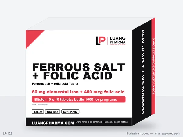 Illustrative packaging mockup for Ferrous salt + folic acid Tablets