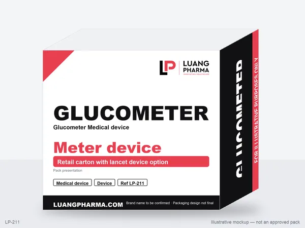 Illustrative packaging mockup for Glucometer Medical device