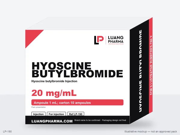 Illustrative packaging mockup for Hyoscine butylbromide Injection