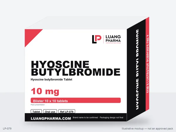 Illustrative packaging mockup for Hyoscine butylbromide Tablets