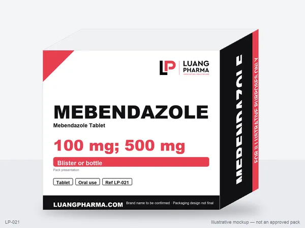 Illustrative packaging mockup for Mebendazole Tablets