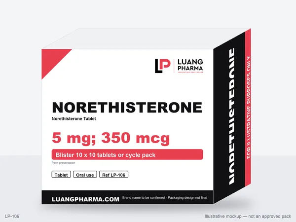 Illustrative packaging mockup for Norethisterone Tablets