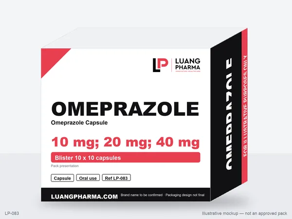 Illustrative packaging mockup for Omeprazole Capsules