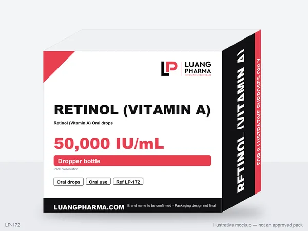 Illustrative packaging mockup for Retinol (Vitamin A) Oral drops