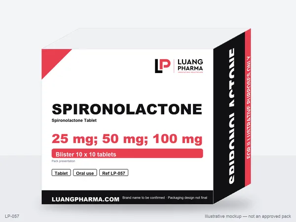 Illustrative packaging mockup for Spironolactone Tablets