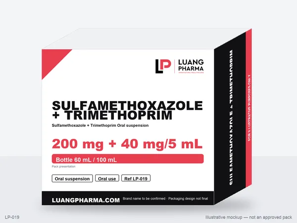 Illustrative packaging mockup for Sulfamethoxazole + Trimethoprim Oral suspension
