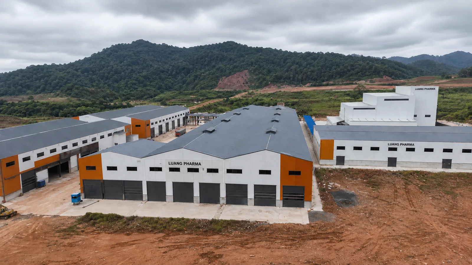 Loading bays along the front of a Luang Pharma production hall
